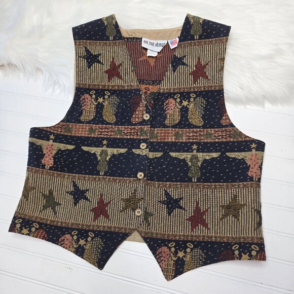 On The Verge Jackets & Blazers - Vintage On The Verge Tapestry Vest Angels & Stars Print Christmas Women's Lg USA
